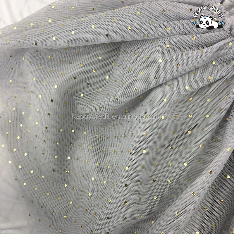LEZONKIDS - Custom MOQ 100pcs Grey Cotton Short Sleeve 4 Layers Tulle Dress Girls Swan Dots Foil Print Dress